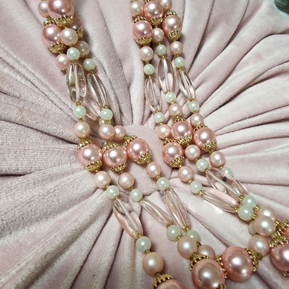 Vintage Pink & Gold Three Strand Necklace